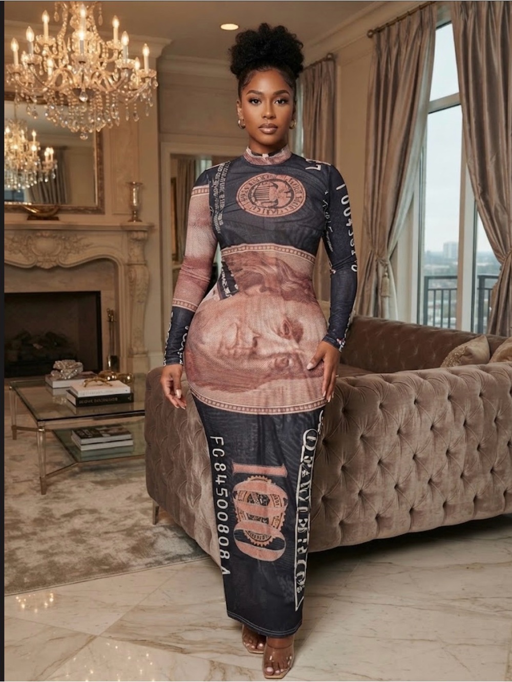 Long Sleeve Money Bodycon Maxi Dress - Brown/Black